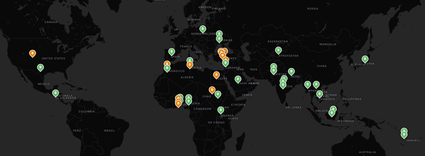 The Brilliance Labs world missions map showing fieldworker locations participants could send Bitcoin to