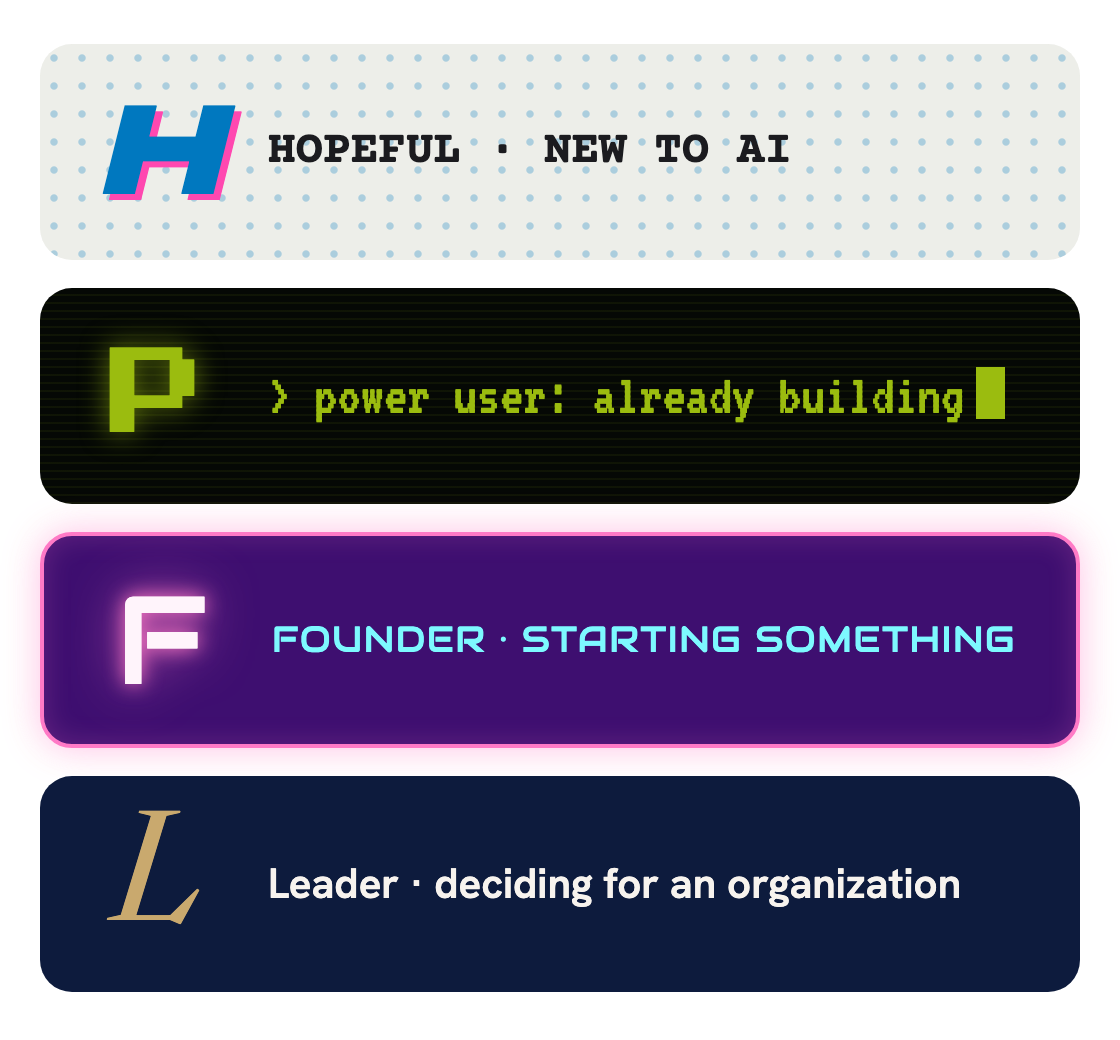 Four tracks at Hopeful 2027: Hopeful, new to AI; Power user, already building; Founder, starting something; Leader, deciding for an organization.