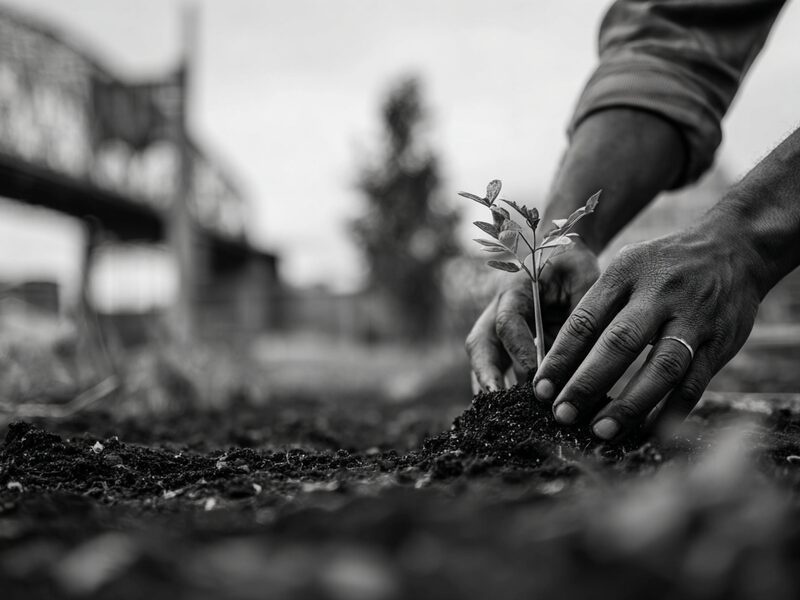 Hands planting a seedling in an urban community garden