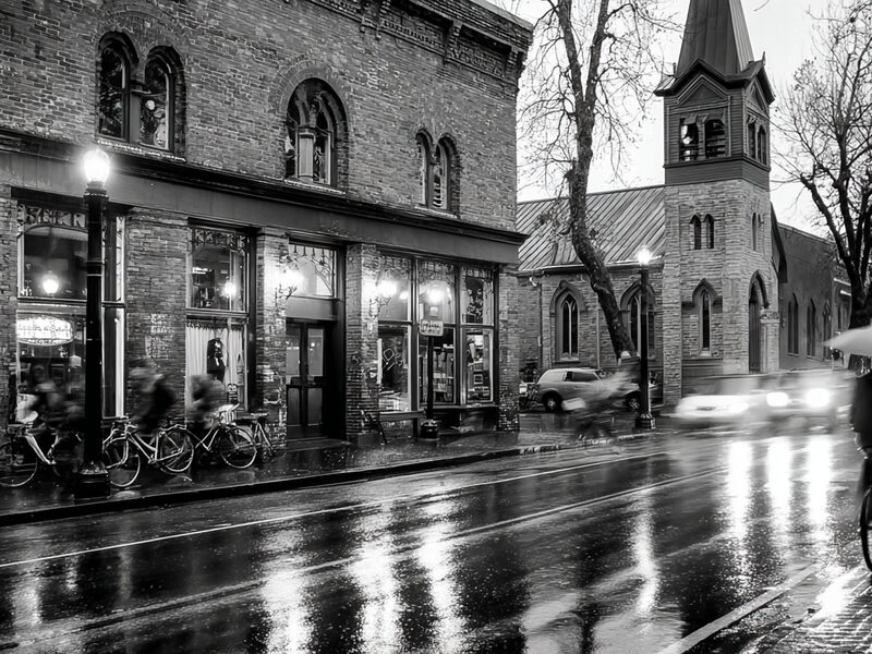 Portland street scene with historic brick storefronts